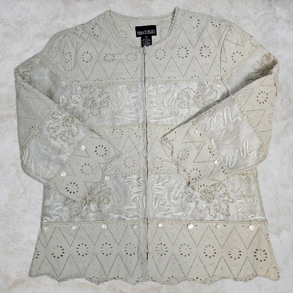 Multiples Womens Cream Eyelet Soutache Sequin Zip Front Jacket Size Medium L37